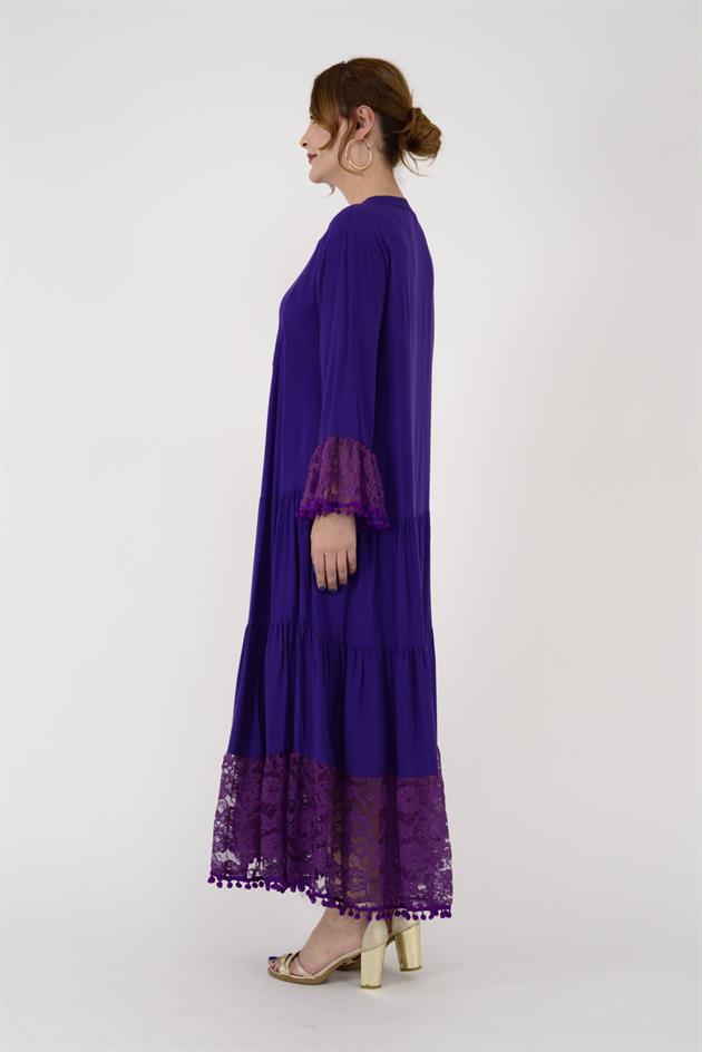 AN10459 PONPONLU DANTEL DETAYLI UZUN ELBİSE