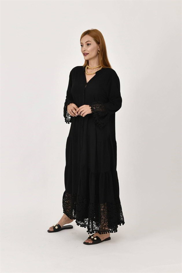 AN10459 PONPONLU DANTEL DETAYLI UZUN ELBİSE