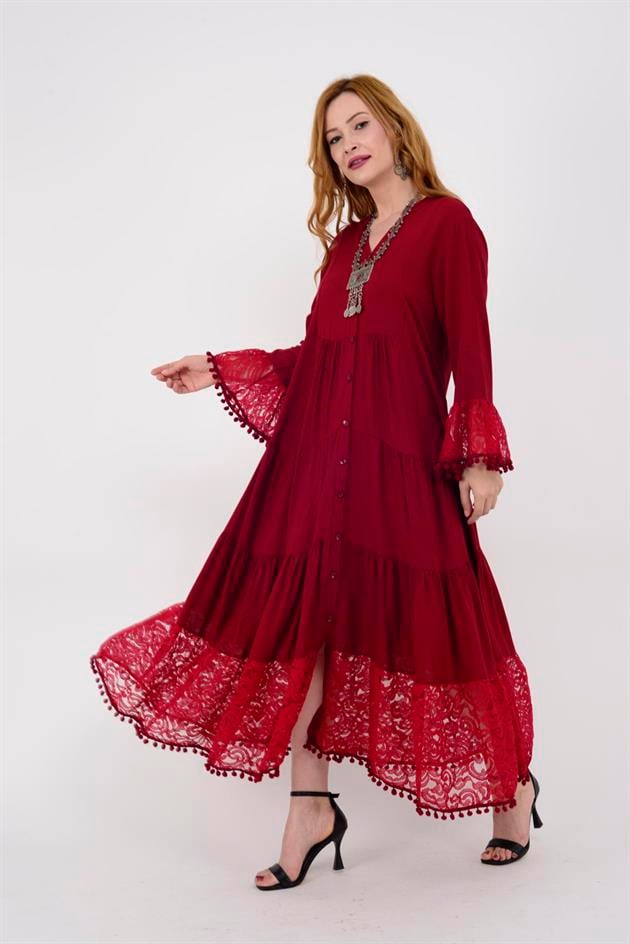 AN10459 PONPONLU DANTEL DETAYLI UZUN ELBİSE