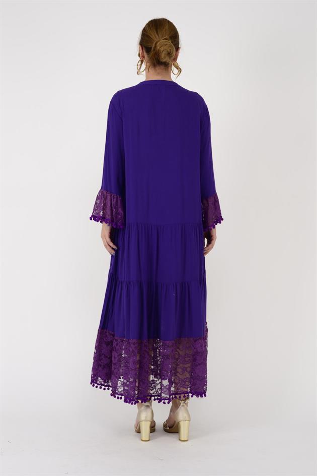 AN10459 PONPONLU DANTEL DETAYLI UZUN ELBİSE