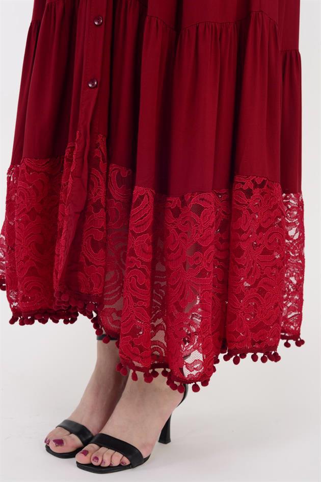 AN10459 PONPONLU DANTEL DETAYLI UZUN ELBİSE