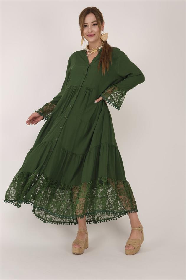 AN10459 PONPONLU DANTEL DETAYLI UZUN ELBİSE