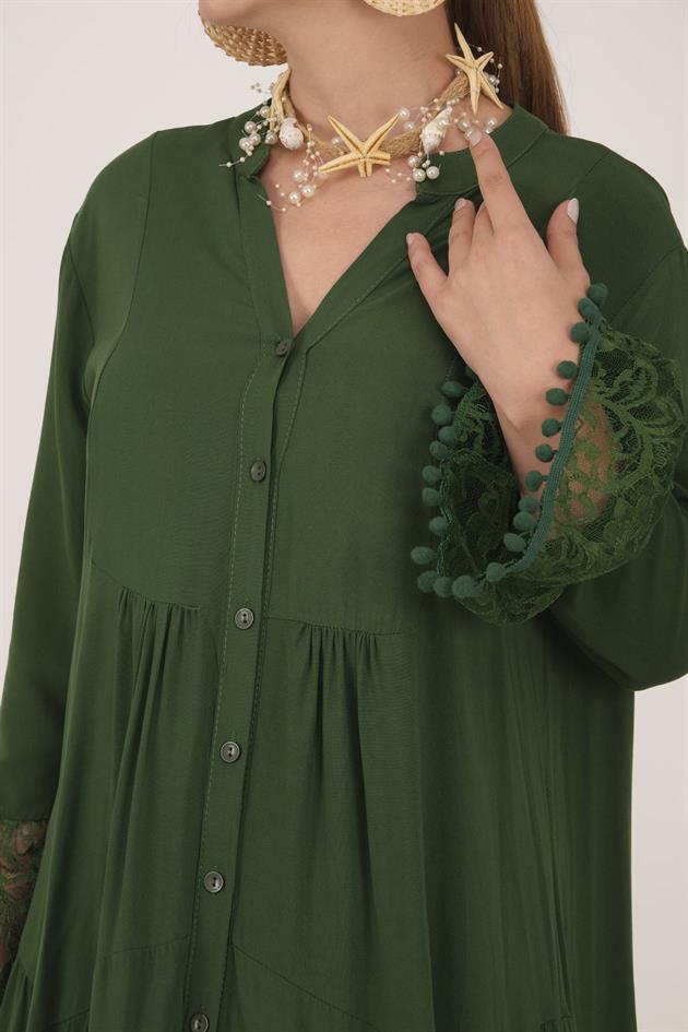 AN10459 PONPONLU DANTEL DETAYLI UZUN ELBİSE