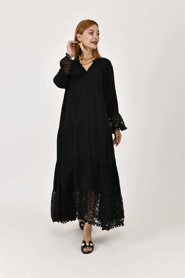 AN10459 PONPONLU DANTEL DETAYLI UZUN ELBİSE