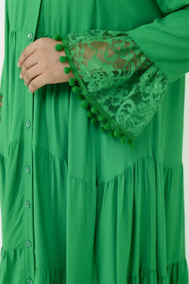 AN10459 PONPONLU DANTEL DETAYLI UZUN ELBİSE