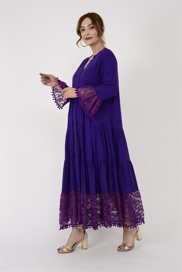 AN10459 PONPONLU DANTEL DETAYLI UZUN ELBİSE