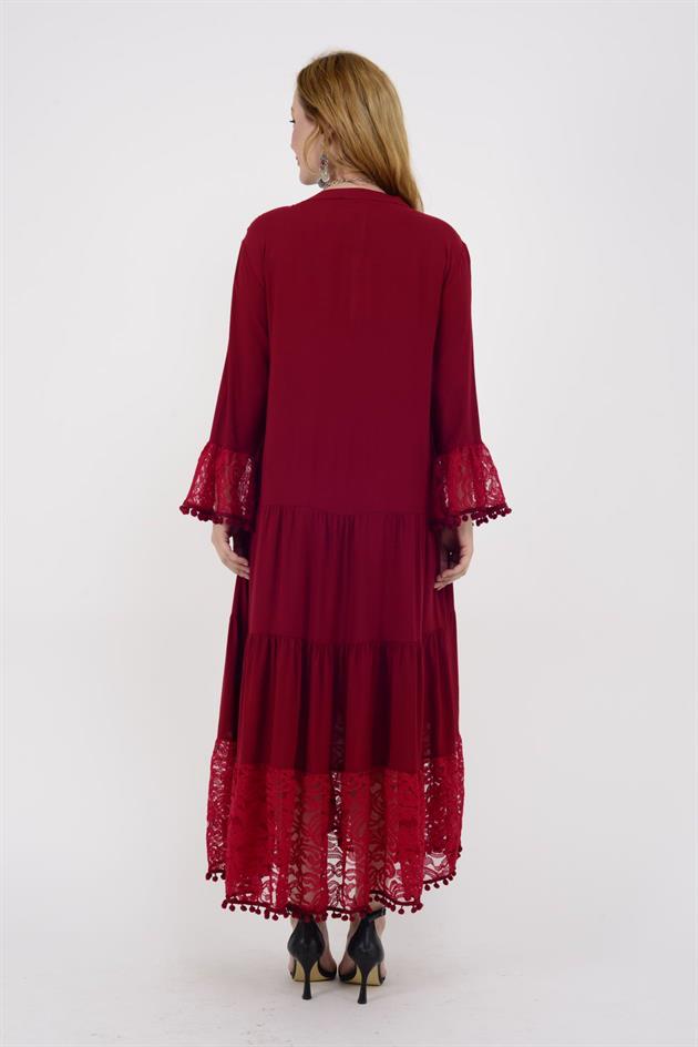 AN10459 PONPONLU DANTEL DETAYLI UZUN ELBİSE