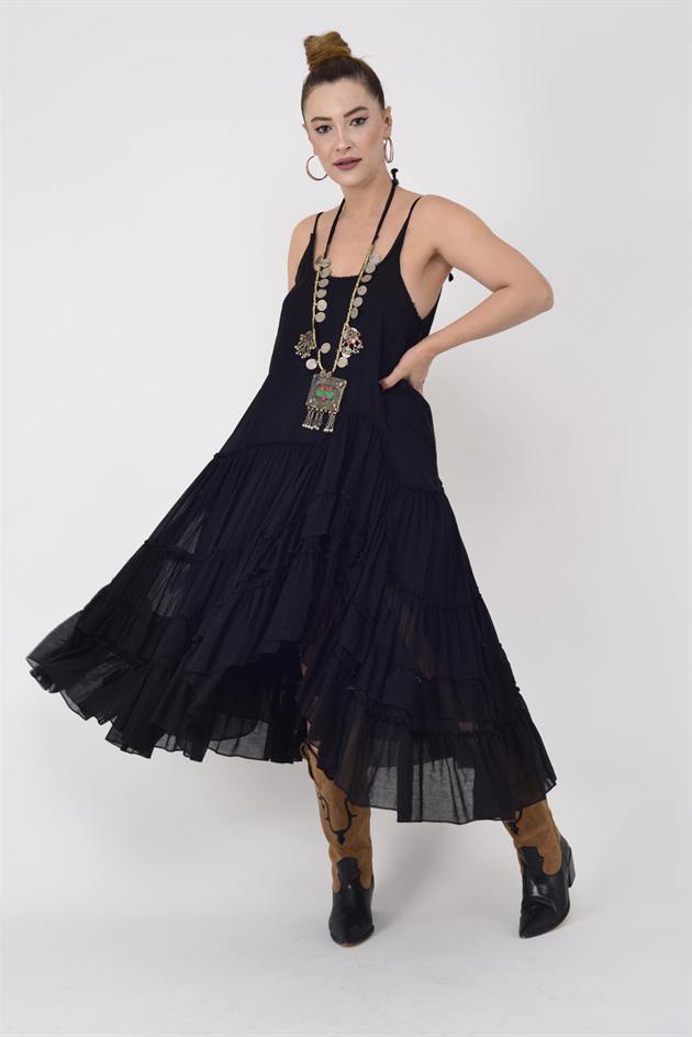 AN10475 KARMEN ASKILI HAM BOHEM ELBİSE