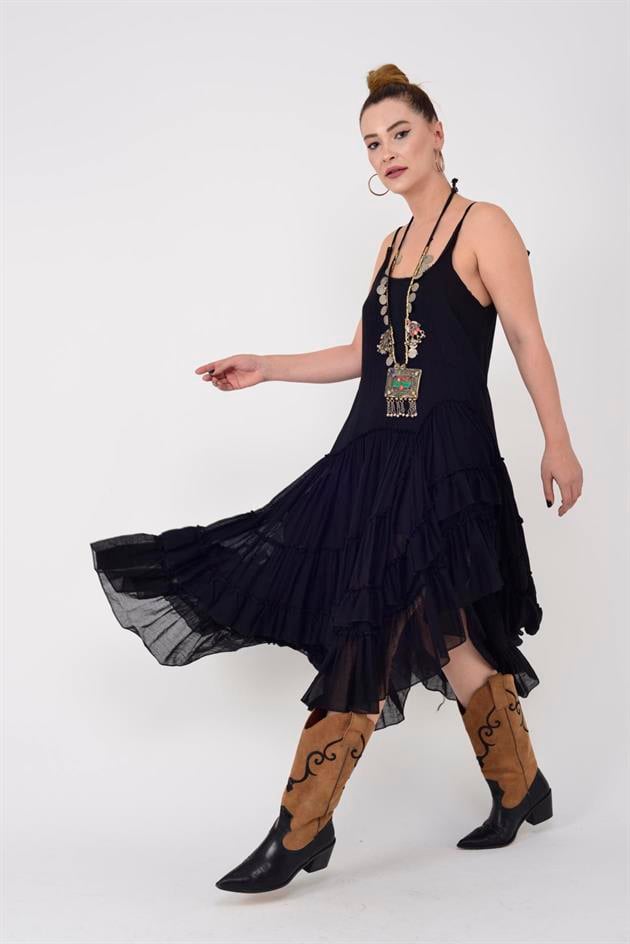 AN10475 KARMEN ASKILI HAM BOHEM ELBİSE