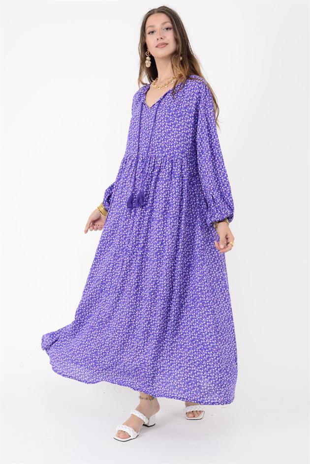 AN10494 PÜSKÜL DETAYLI ÇITIR ÇİÇEK DESEN ELBİSE