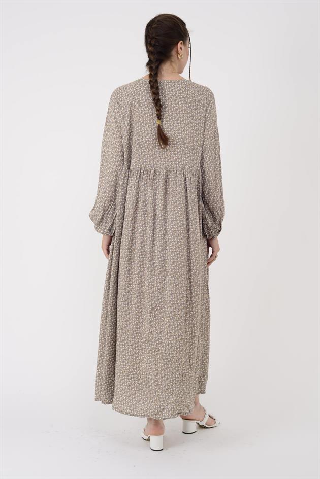 AN10494 PÜSKÜL DETAYLI ÇITIR ÇİÇEK DESEN ELBİSE