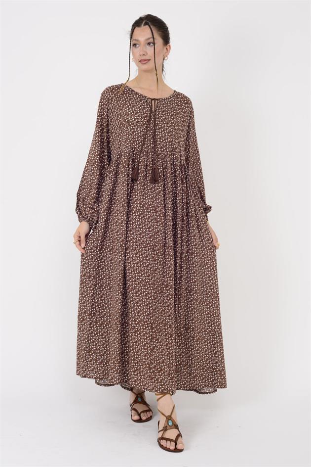 AN10494 PÜSKÜL DETAYLI ÇITIR ÇİÇEK DESEN ELBİSE