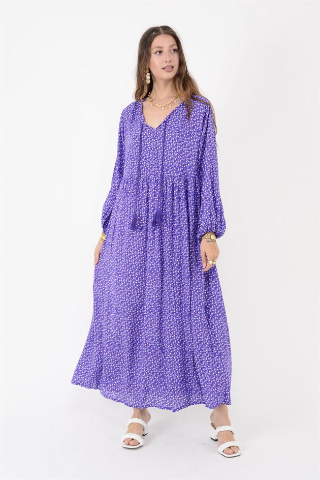 AN10494 PÜSKÜL DETAYLI ÇITIR ÇİÇEK DESEN ELBİSE