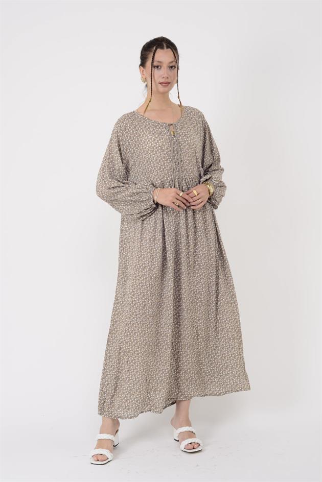 AN10494 PÜSKÜL DETAYLI ÇITIR ÇİÇEK DESEN ELBİSE