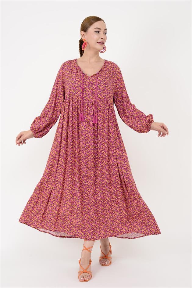 AN10494 PÜSKÜL DETAYLI ÇITIR DESEN ELBİSE