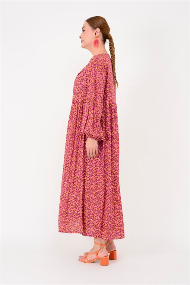 AN10494 PÜSKÜL DETAYLI ÇITIR DESEN ELBİSE