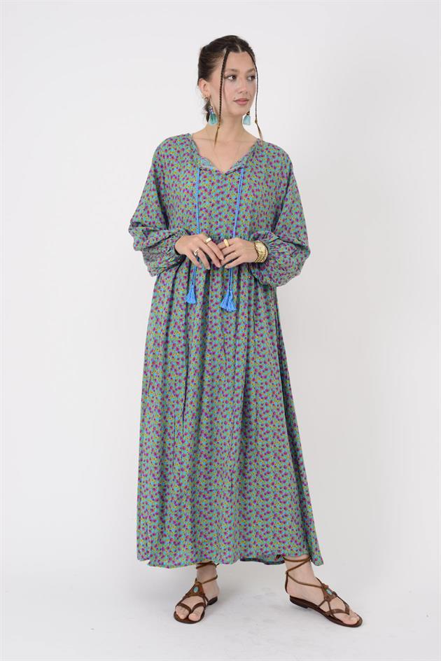 AN10494 PÜSKÜL DETAYLI ÇITIR DESEN ELBİSE