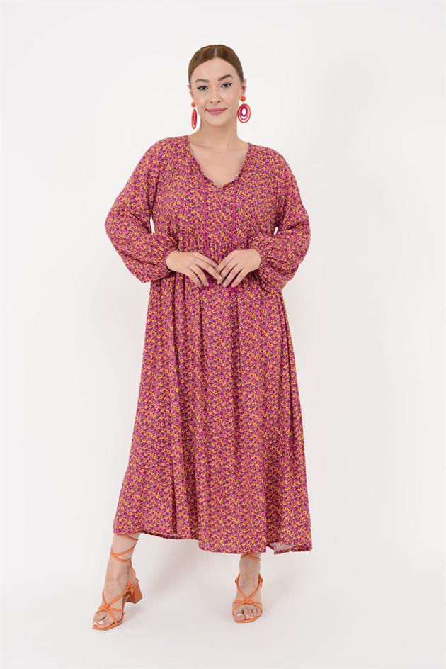 AN10494 PÜSKÜL DETAYLI ÇITIR DESEN ELBİSE