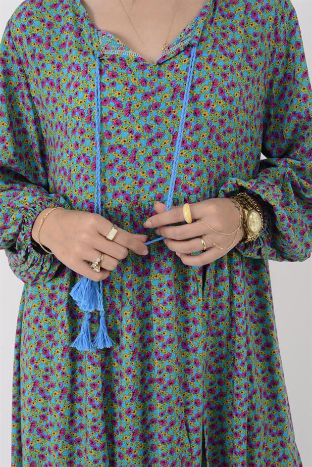 AN10494 PÜSKÜL DETAYLI ÇITIR DESEN ELBİSE