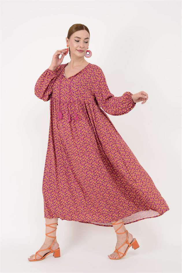 AN10494 PÜSKÜL DETAYLI ÇITIR DESEN ELBİSE