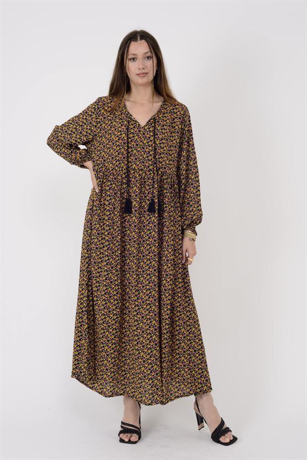 AN10494 PÜSKÜL DETAYLI ÇITIR DESEN ELBİSE