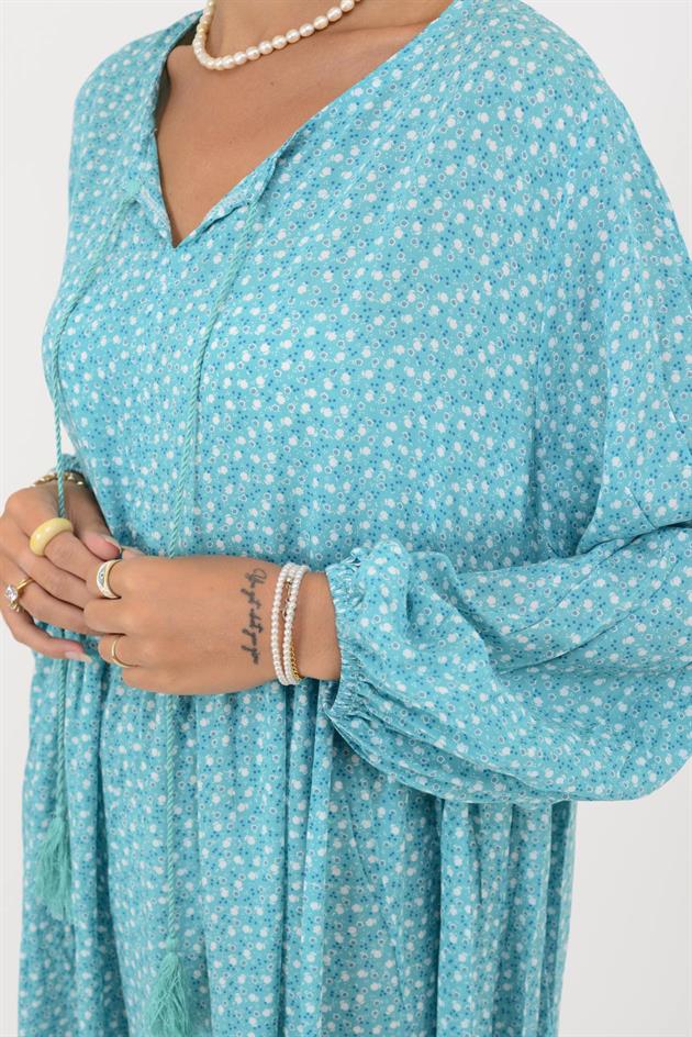 AN10494 PÜSKÜL DETAYLI ÇITIR ÇİÇEK DESEN ELBİSE