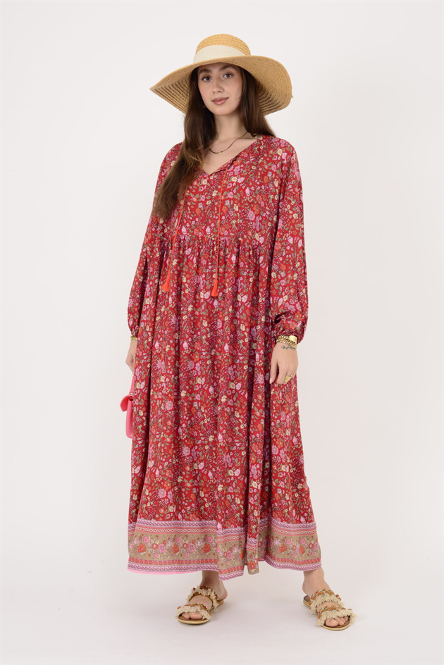 AN10494 PÜSKÜL DETAYLI  MİNİMAL ÇİÇEKLİ ELBİSE