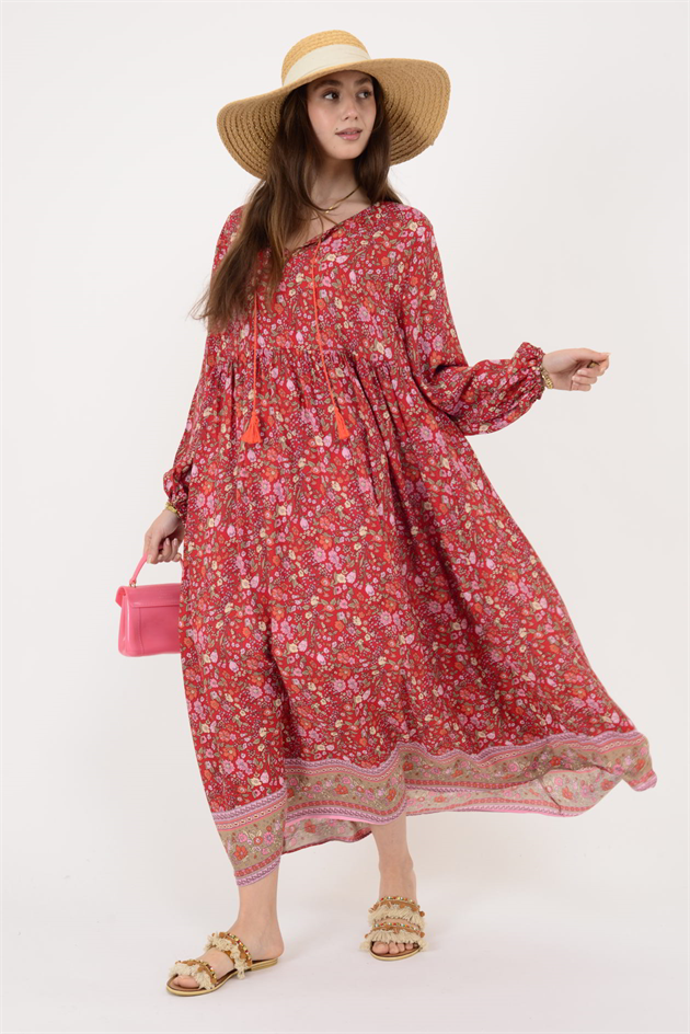 AN10494 PÜSKÜL DETAYLI  MİNİMAL ÇİÇEKLİ ELBİSE