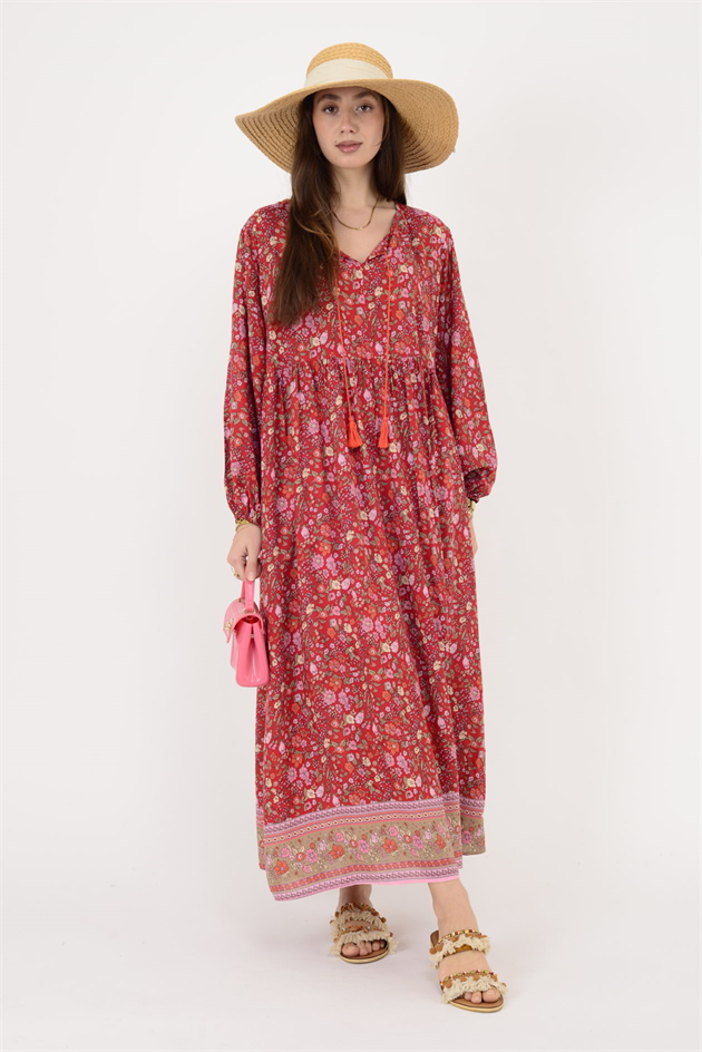 AN10494 PÜSKÜL DETAYLI  MİNİMAL ÇİÇEKLİ ELBİSE