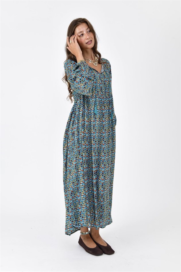 AN10494 PÜSKÜL DETAYLI SPIRAL DESEN ELBİSE
