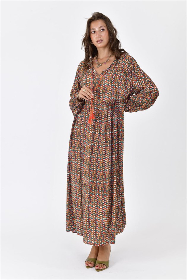 AN10494 PÜSKÜL DETAYLI SPIRAL DESEN ELBİSE
