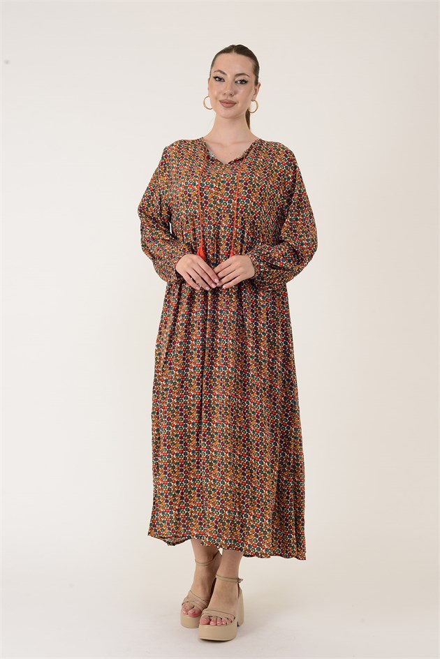AN10494 PÜSKÜL DETAYLI SPIRAL DESEN ELBİSE