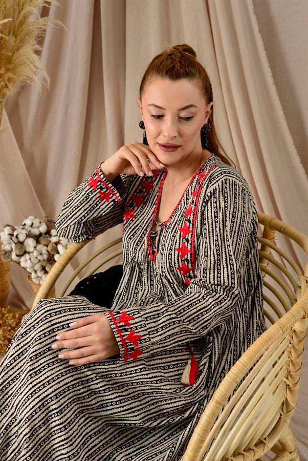 AN10498 A3492 MARIN YAKASI BAĞCIK DETAYLI UZUN ELBİSE