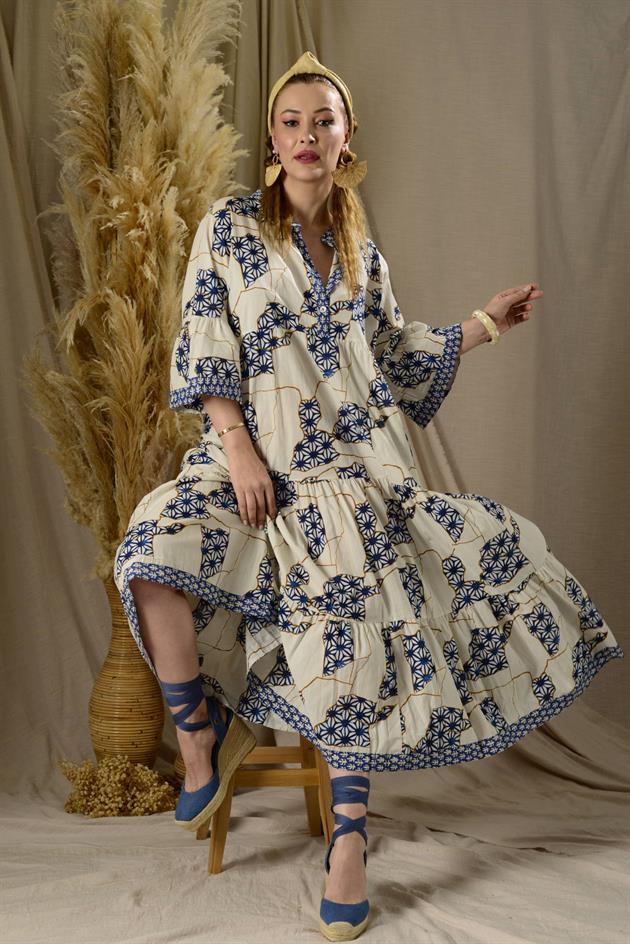 AN10502 GARNİ DETAYLI VOLAN ELBİSE