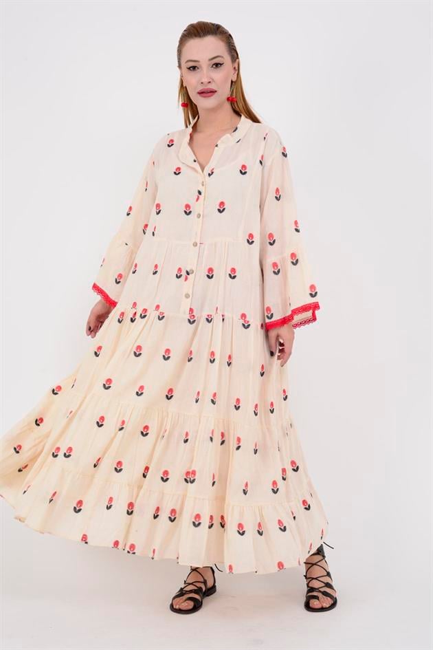 AN10512 FLORA DÜĞMELİ UZUN ELBİSE
