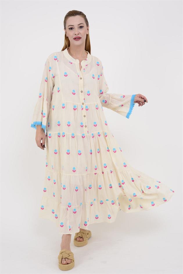 AN10512 FLORA DÜĞMELİ UZUN ELBİSE