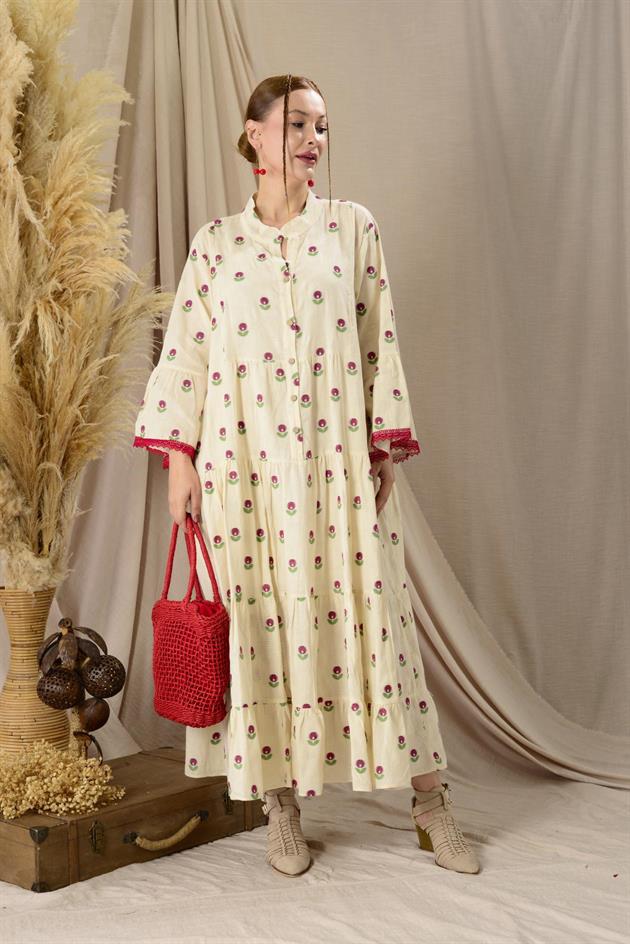 AN10512 FLORA DÜĞMELİ UZUN ELBİSE