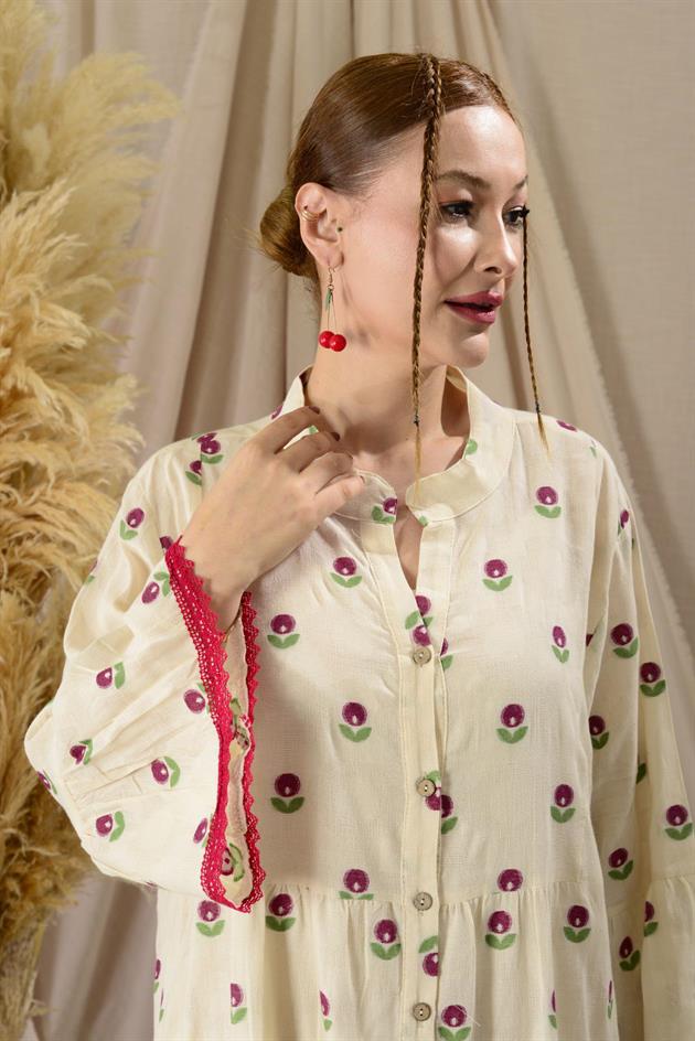 AN10512 FLORA DÜĞMELİ UZUN ELBİSE