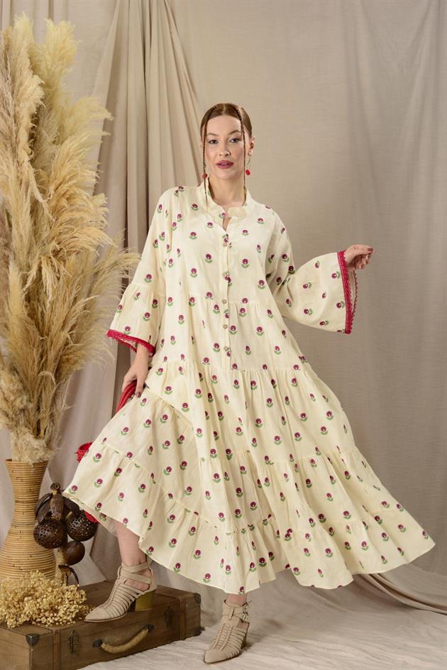 AN10512 FLORA DÜĞMELİ UZUN ELBİSE