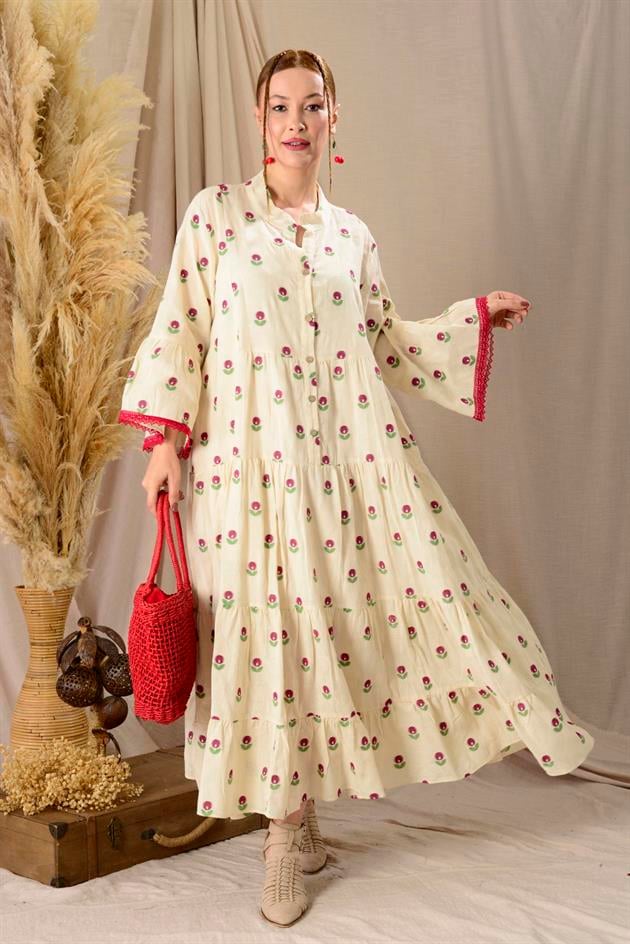 AN10512 FLORA DÜĞMELİ UZUN ELBİSE