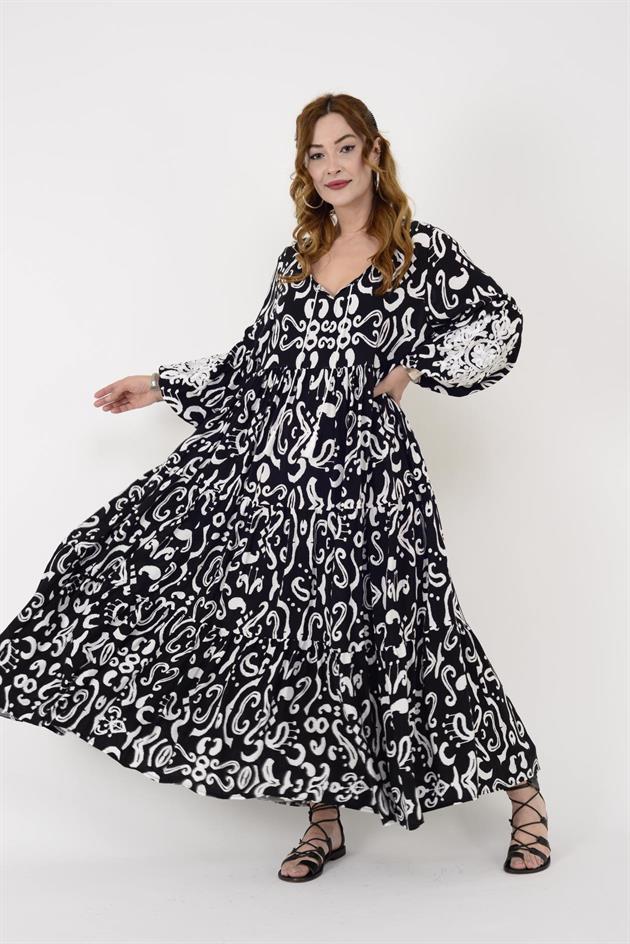 AN10516 NAKIŞ DETAYLI V YAKA VOLAN ELBİSE