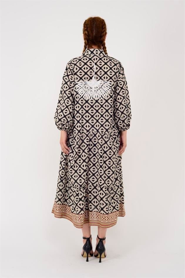 AN10522 MARIN ANKA KUŞU NAKIŞ DETAYLI GÖMLEK ELBİSE