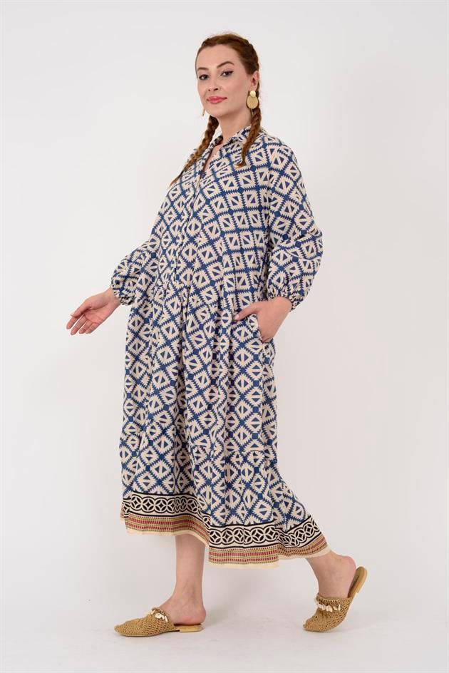 AN10522 MARIN ANKA KUŞU NAKIŞ DETAYLI GÖMLEK ELBİSE