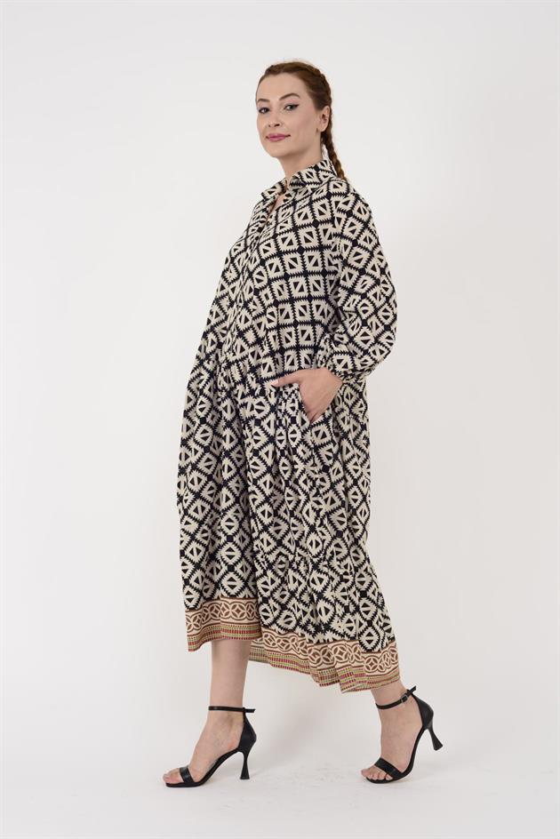 AN10522 MARIN ANKA KUŞU NAKIŞ DETAYLI GÖMLEK ELBİSE