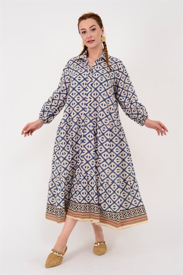 AN10522 MARIN ANKA KUŞU NAKIŞ DETAYLI GÖMLEK ELBİSE