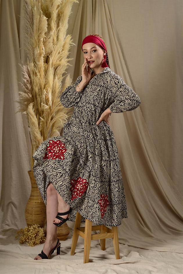 AN10522 MARIN NAKIŞ DETAYLI GÖMLEK ELBİSE