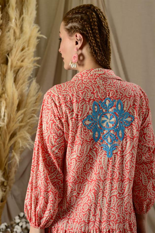 AN10522 MARIN NAKIŞ DETAYLI GÖMLEK ELBİSE