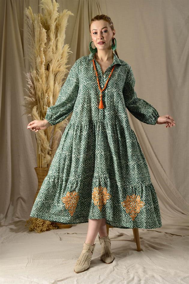 AN10522 MARIN NAKIŞ DETAYLI GÖMLEK ELBİSE