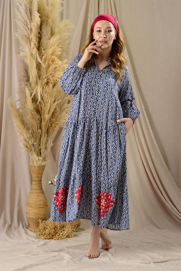 AN10522 MARIN NAKIŞ DETAYLI GÖMLEK ELBİSE