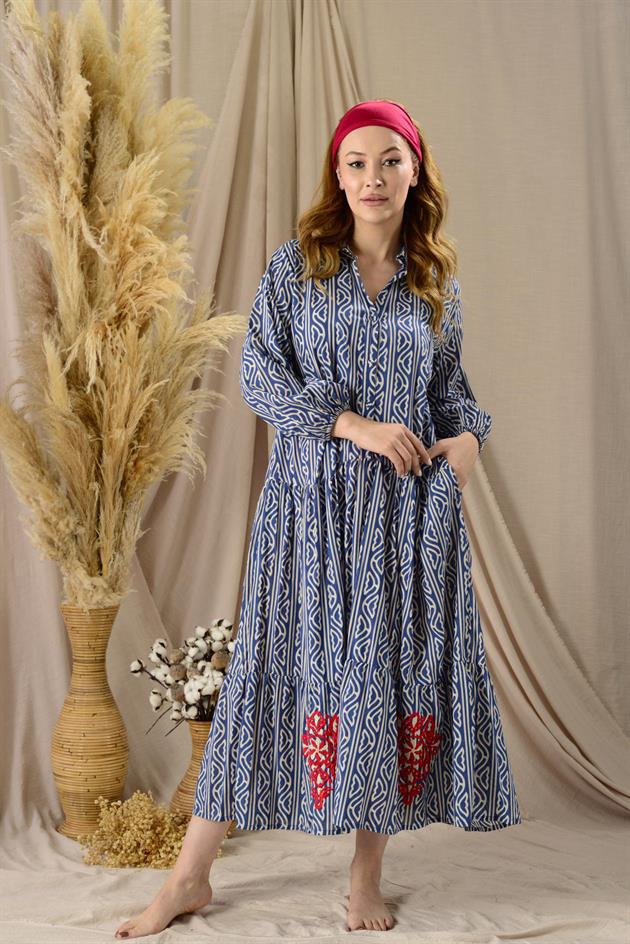 AN10522 MARIN NAKIŞ DETAYLI GÖMLEK ELBİSE